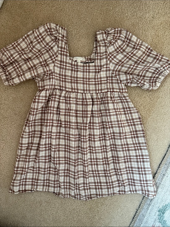 Rylee + Cru Other - Rylee + Cru Cream and Brown Plaid Puff Sleeve Dress